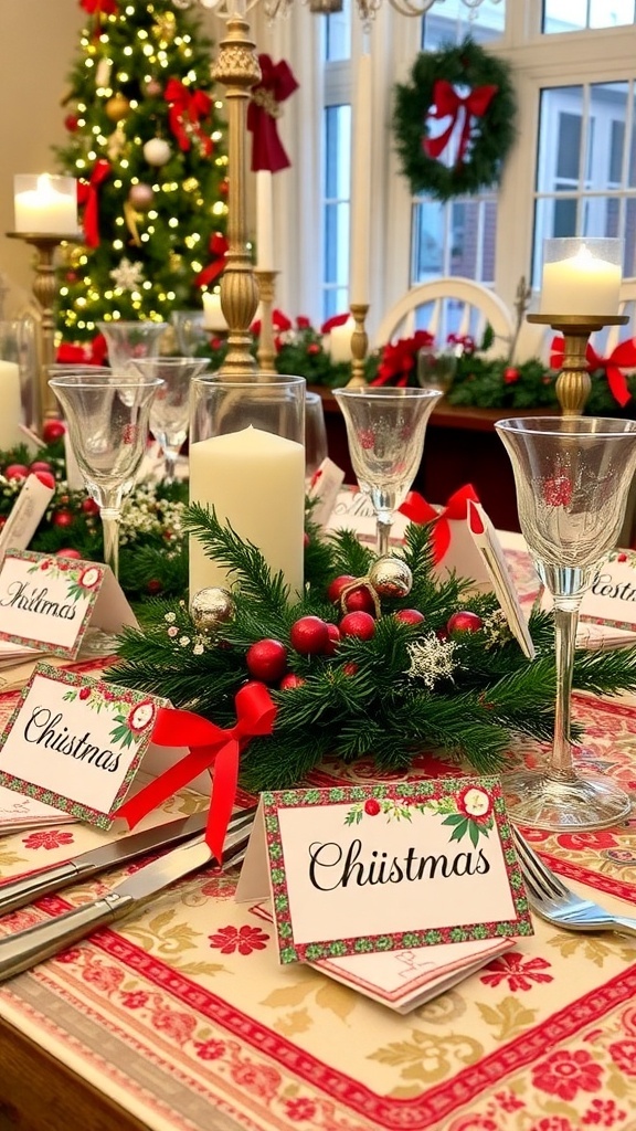 Handmade Christmas name place cards on a festive dining table.